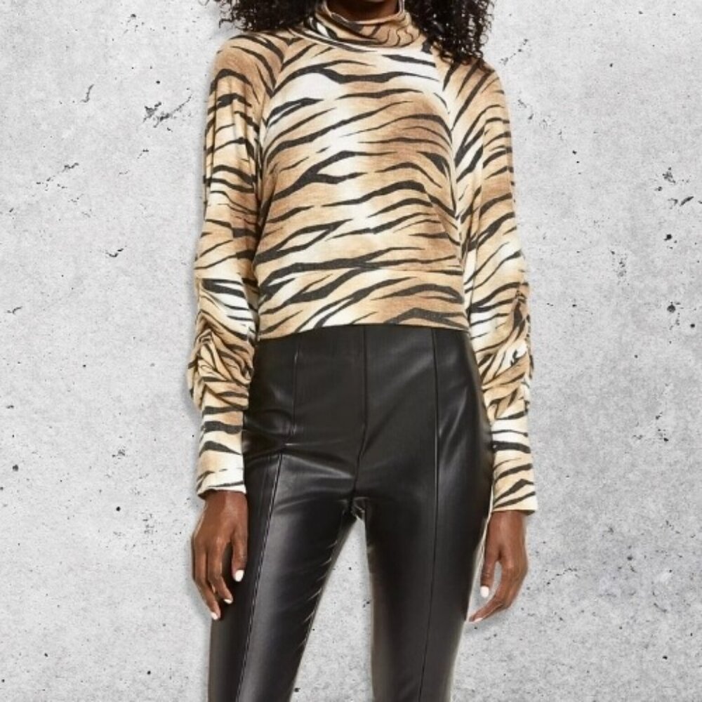 Leith‎ Top Long Sleeve High Neck Breathable Ruched Tiger Print Black/Brown W XS
